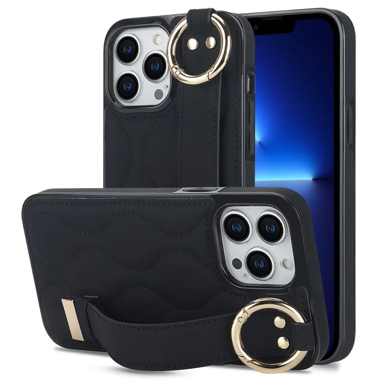 For iPhone 13 Pro Kickstand Case Wave Pattern Anti-Drop PU+TPU Phone Protector