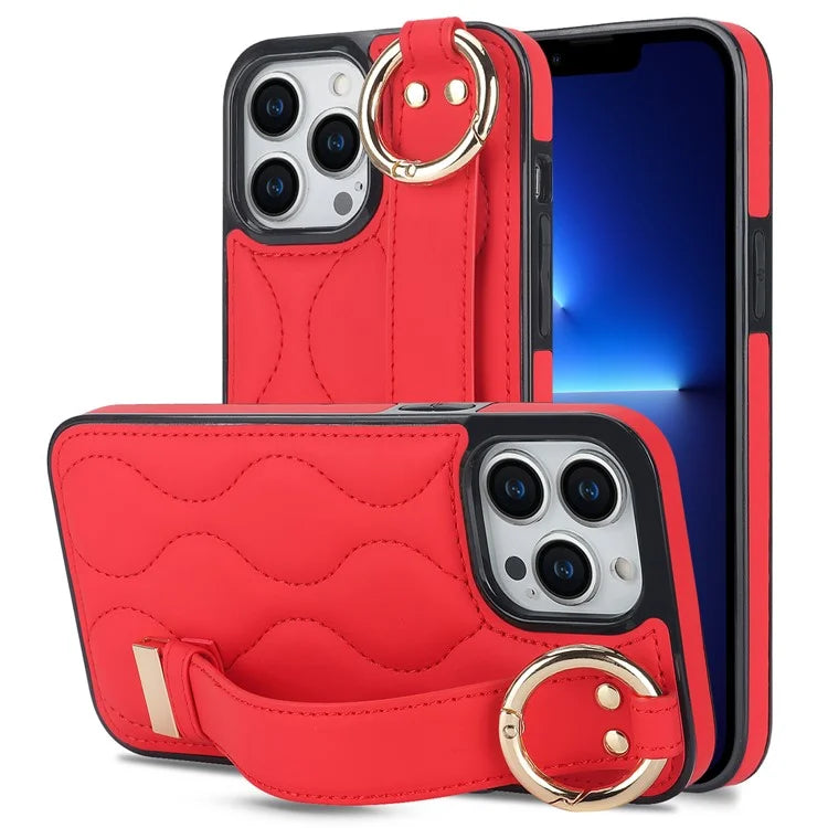 For iPhone 13 Pro Kickstand Case Wave Pattern Anti-Drop PU+TPU Phone Protector