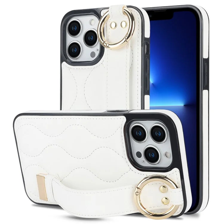 For iPhone 13 Pro Kickstand Case Wave Pattern Anti-Drop PU+TPU Phone Protector
