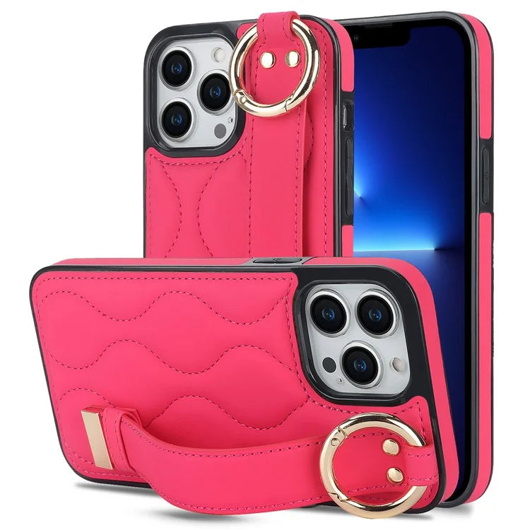 For iPhone 13 Pro Kickstand Case Wave Pattern Anti-Drop PU+TPU Phone Protector