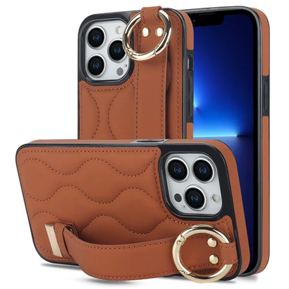 For iPhone 13 Pro Kickstand Case Wave Pattern Anti-Drop PU+TPU Phone Protector