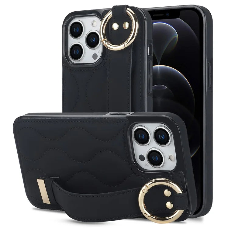 For iPhone 12 Pro Protective Case Wave Pattern PU+TPU Kickstand Phone Cover