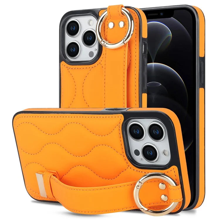 For iPhone 12 Pro Protective Case Wave Pattern PU+TPU Kickstand Phone Cover