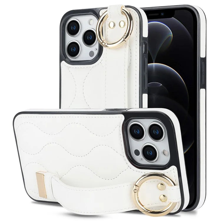 For iPhone 12 Pro Protective Case Wave Pattern PU+TPU Kickstand Phone Cover