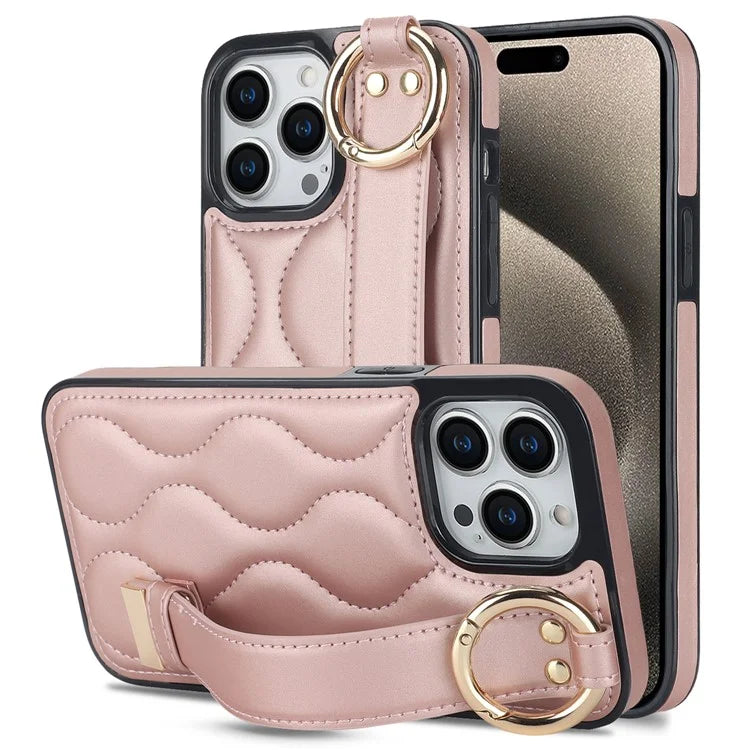 For iPhone 15 Pro Kickstand Case Wave Pattern Anti-Scratch PU+TPU Phone Cover