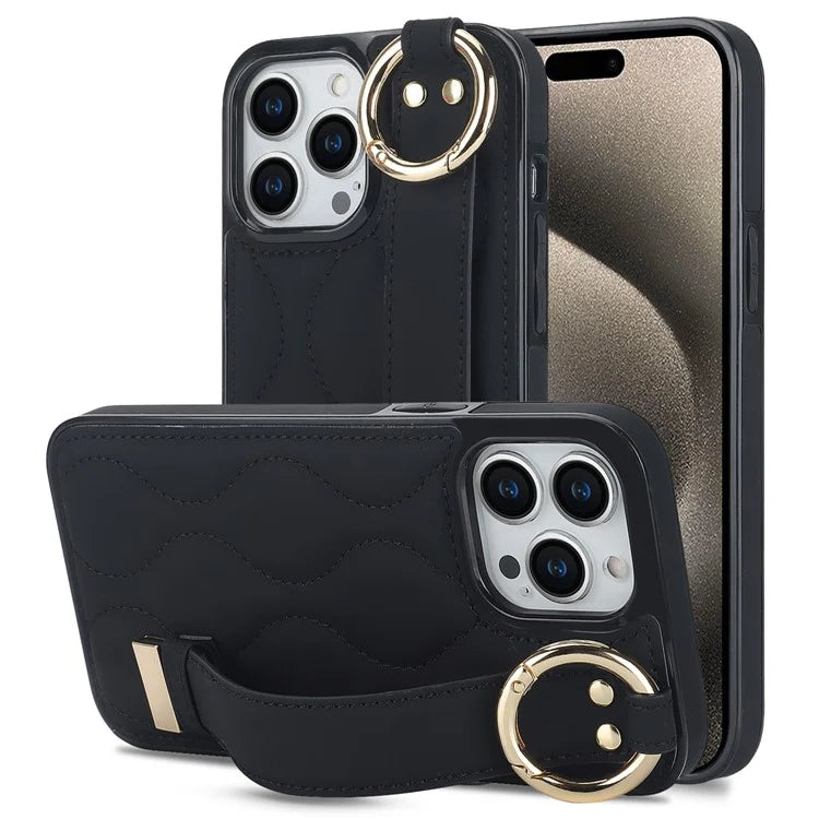 For iPhone 15 Pro Kickstand Case Wave Pattern Anti-Scratch PU+TPU Phone Cover
