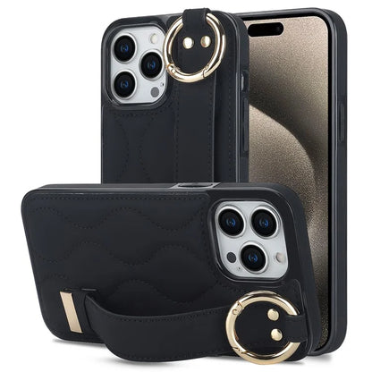 For iPhone 15 Pro Kickstand Case Wave Pattern Anti-Scratch PU+TPU Phone Cover