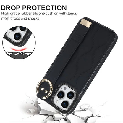 For iPhone 15 Pro Kickstand Case Wave Pattern Anti-Scratch PU+TPU Phone Cover