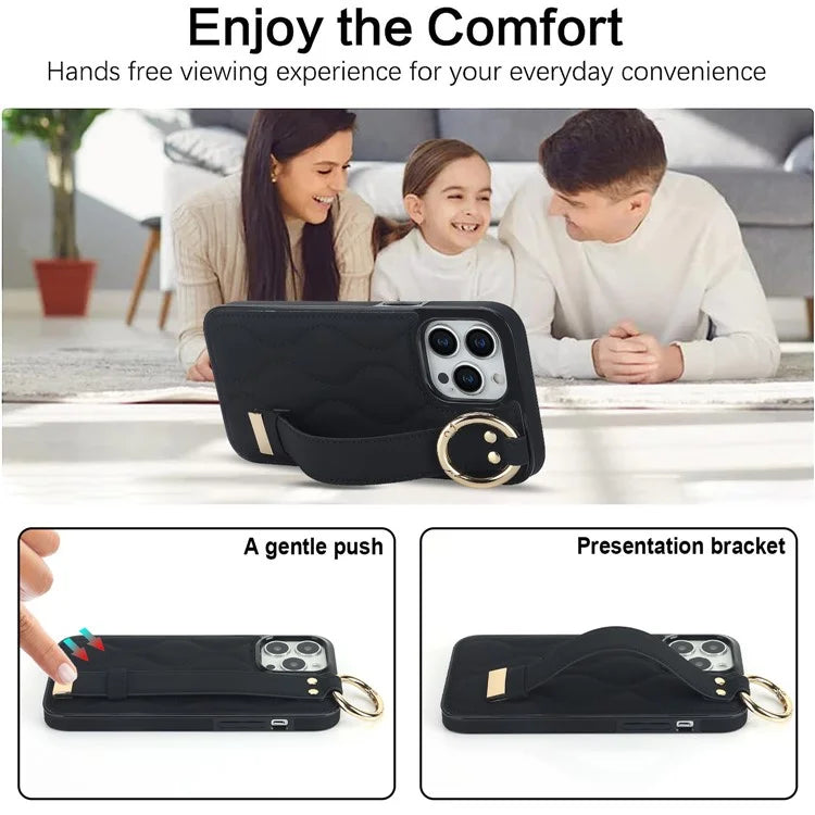 For iPhone 15 Pro Kickstand Case Wave Pattern Anti-Scratch PU+TPU Phone Cover
