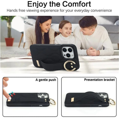 For iPhone 15 Pro Kickstand Case Wave Pattern Anti-Scratch PU+TPU Phone Cover