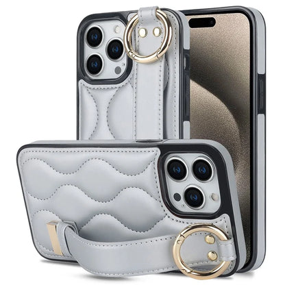 For iPhone 15 Pro Kickstand Case Wave Pattern Anti-Scratch PU+TPU Phone Cover