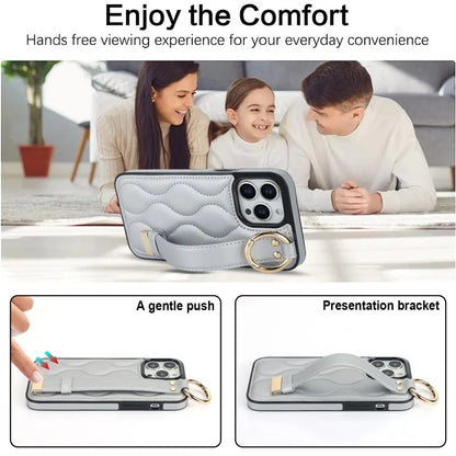 For iPhone 15 Pro Kickstand Case Wave Pattern Anti-Scratch PU+TPU Phone Cover