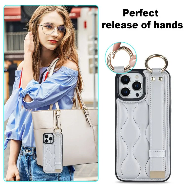 For iPhone 15 Pro Kickstand Case Wave Pattern Anti-Scratch PU+TPU Phone Cover