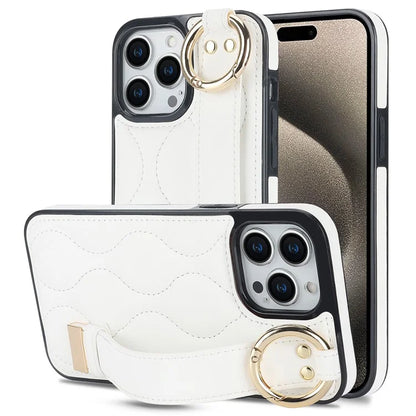 For iPhone 15 Pro Kickstand Case Wave Pattern Anti-Scratch PU+TPU Phone Cover