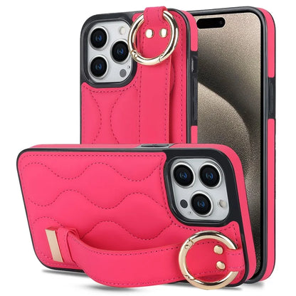 For iPhone 15 Pro Kickstand Case Wave Pattern Anti-Scratch PU+TPU Phone Cover