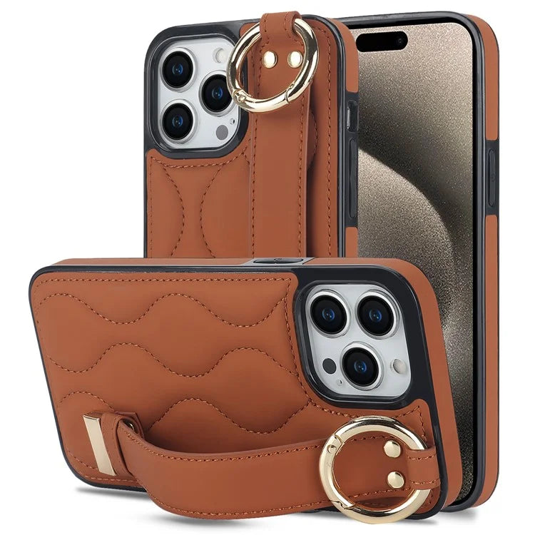 For iPhone 15 Pro Kickstand Case Wave Pattern Anti-Scratch PU+TPU Phone Cover
