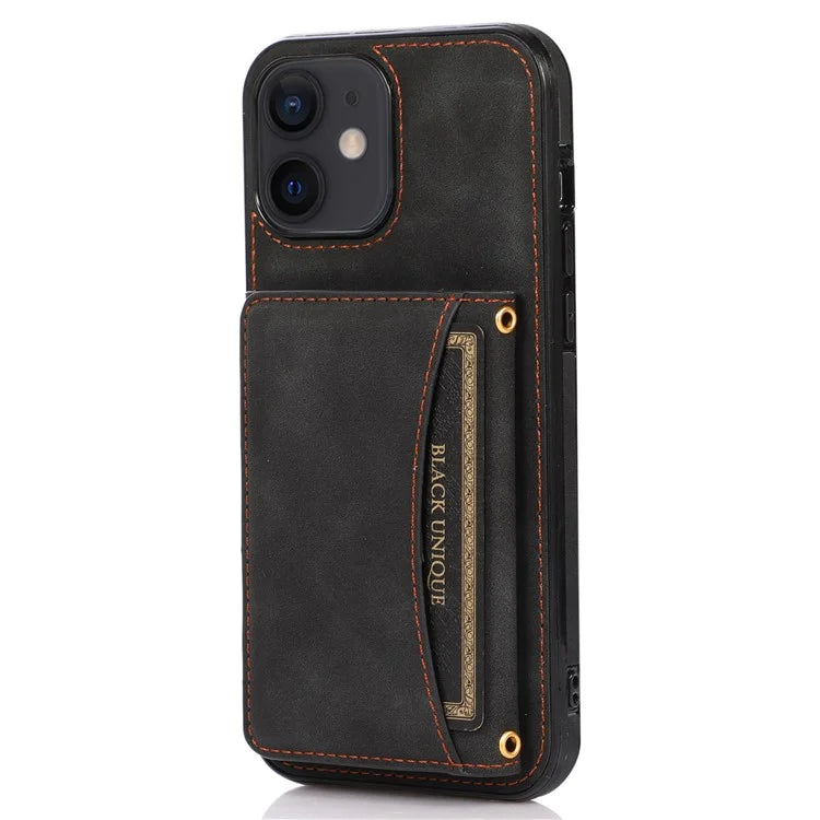 For iPhone 12 mini 5.4 inch Case Magnetic Button Tri-fold Wallet Kickstand PU Leather Coated TPU Cover