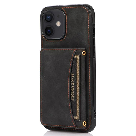 For iPhone 12 mini 5.4 inch Case Magnetic Button Tri-fold Wallet Kickstand PU Leather Coated TPU Cover