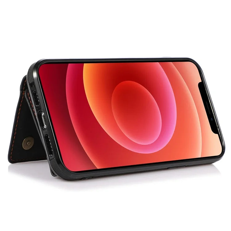 For iPhone 12 mini 5.4 inch Case Magnetic Button Tri-fold Wallet Kickstand PU Leather Coated TPU Cover