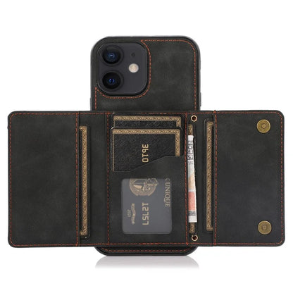 For iPhone 12 mini 5.4 inch Case Magnetic Button Tri-fold Wallet Kickstand PU Leather Coated TPU Cover