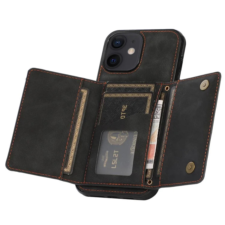 For iPhone 12 mini 5.4 inch Case Magnetic Button Tri-fold Wallet Kickstand PU Leather Coated TPU Cover