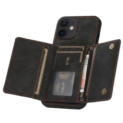 For iPhone 12 mini 5.4 inch Case Magnetic Button Tri-fold Wallet Kickstand PU Leather Coated TPU Cover