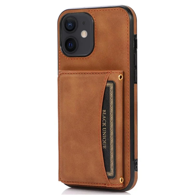 For iPhone 12 mini 5.4 inch Case Magnetic Button Tri-fold Wallet Kickstand PU Leather Coated TPU Cover