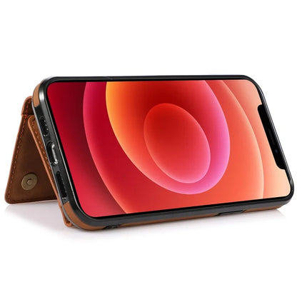 For iPhone 12 mini 5.4 inch Case Magnetic Button Tri-fold Wallet Kickstand PU Leather Coated TPU Cover