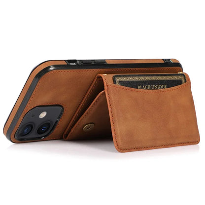 For iPhone 12 mini 5.4 inch Case Magnetic Button Tri-fold Wallet Kickstand PU Leather Coated TPU Cover