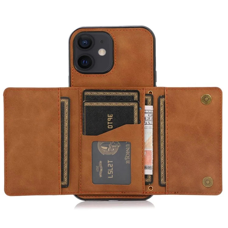 For iPhone 12 mini 5.4 inch Case Magnetic Button Tri-fold Wallet Kickstand PU Leather Coated TPU Cover