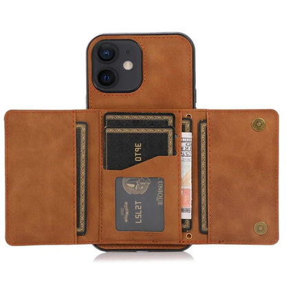 For iPhone 12 mini 5.4 inch Case Magnetic Button Tri-fold Wallet Kickstand PU Leather Coated TPU Cover