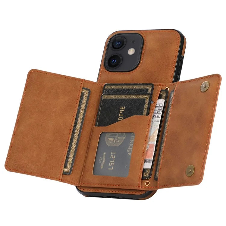 For iPhone 12 mini 5.4 inch Case Magnetic Button Tri-fold Wallet Kickstand PU Leather Coated TPU Cover
