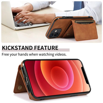 For iPhone 12 mini 5.4 inch Case Magnetic Button Tri-fold Wallet Kickstand PU Leather Coated TPU Cover