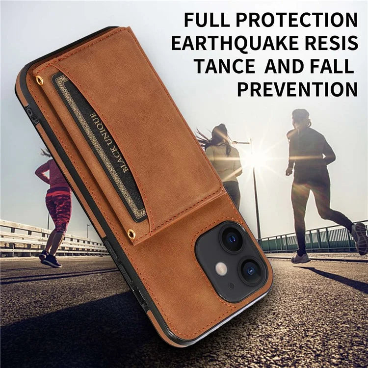 For iPhone 12 mini 5.4 inch Case Magnetic Button Tri-fold Wallet Kickstand PU Leather Coated TPU Cover