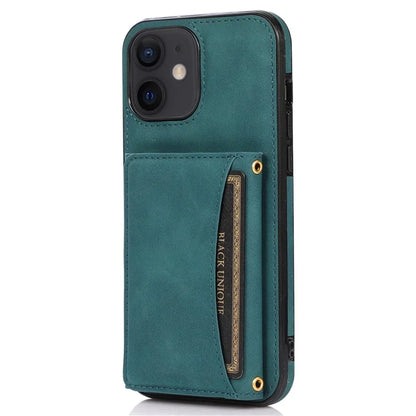 For iPhone 12 mini 5.4 inch Case Magnetic Button Tri-fold Wallet Kickstand PU Leather Coated TPU Cover