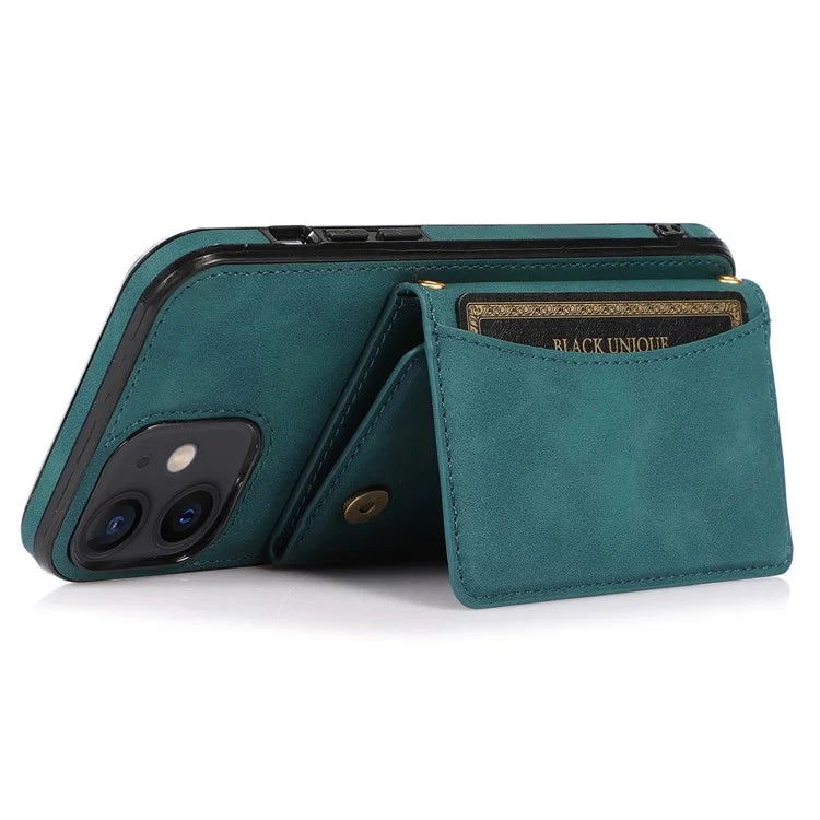For iPhone 12 mini 5.4 inch Case Magnetic Button Tri-fold Wallet Kickstand PU Leather Coated TPU Cover