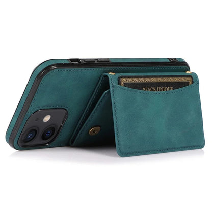 For iPhone 12 mini 5.4 inch Case Magnetic Button Tri-fold Wallet Kickstand PU Leather Coated TPU Cover
