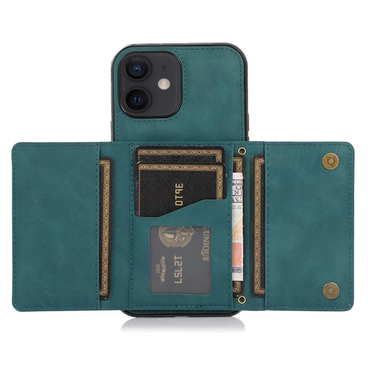 For iPhone 12 mini 5.4 inch Case Magnetic Button Tri-fold Wallet Kickstand PU Leather Coated TPU Cover