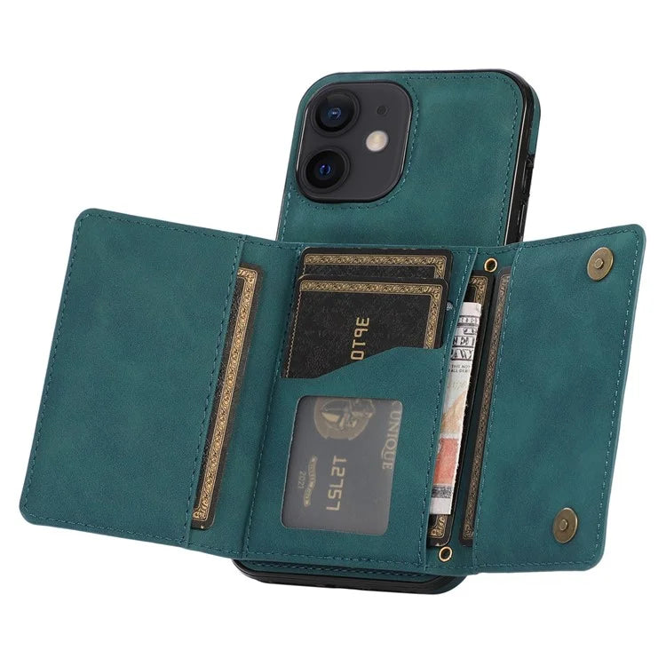 For iPhone 12 mini 5.4 inch Case Magnetic Button Tri-fold Wallet Kickstand PU Leather Coated TPU Cover