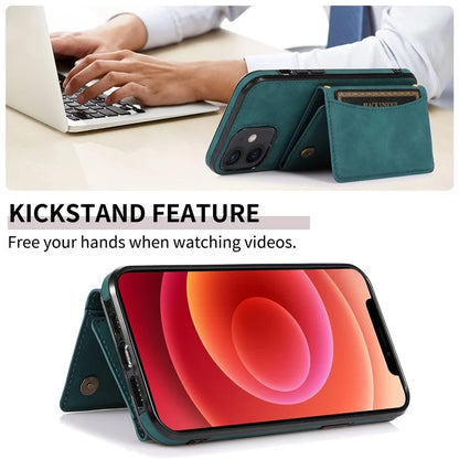 For iPhone 12 mini 5.4 inch Case Magnetic Button Tri-fold Wallet Kickstand PU Leather Coated TPU Cover