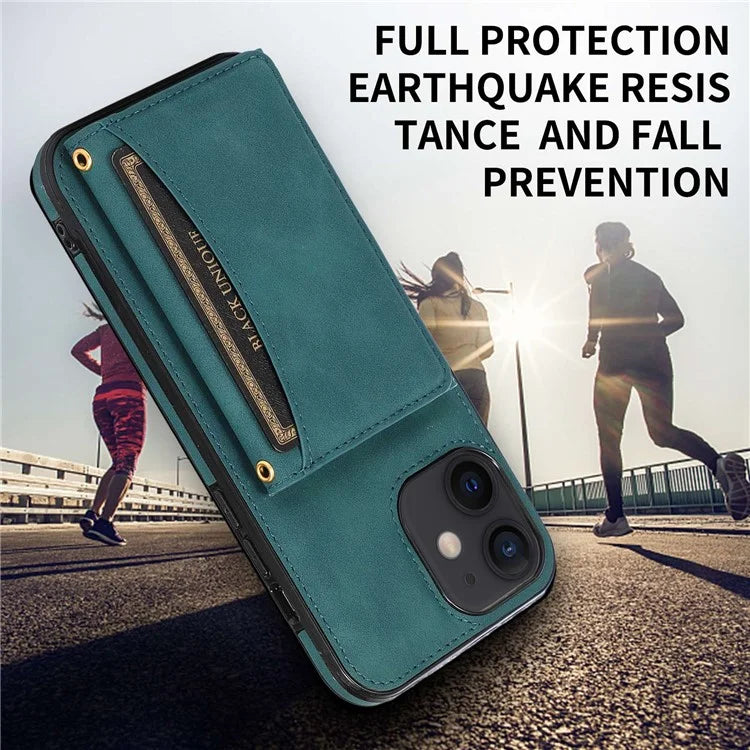 For iPhone 12 mini 5.4 inch Case Magnetic Button Tri-fold Wallet Kickstand PU Leather Coated TPU Cover
