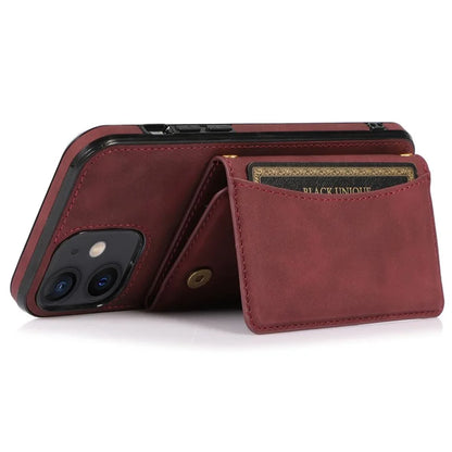 For iPhone 12 mini 5.4 inch Case Magnetic Button Tri-fold Wallet Kickstand PU Leather Coated TPU Cover