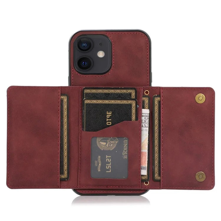 For iPhone 12 mini 5.4 inch Case Magnetic Button Tri-fold Wallet Kickstand PU Leather Coated TPU Cover