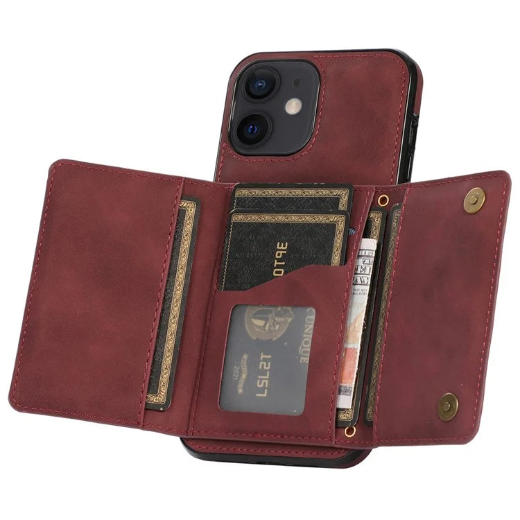 For iPhone 12 mini 5.4 inch Case Magnetic Button Tri-fold Wallet Kickstand PU Leather Coated TPU Cover