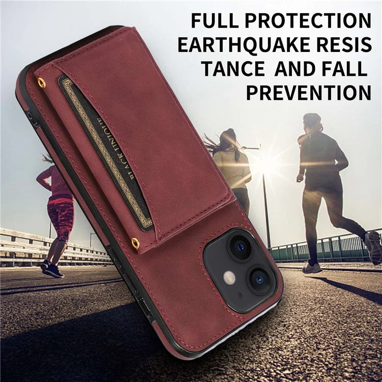 For iPhone 12 mini 5.4 inch Case Magnetic Button Tri-fold Wallet Kickstand PU Leather Coated TPU Cover