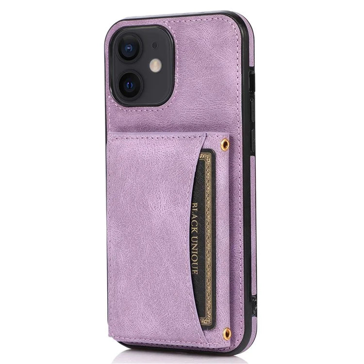 For iPhone 12 mini 5.4 inch Case Magnetic Button Tri-fold Wallet Kickstand PU Leather Coated TPU Cover