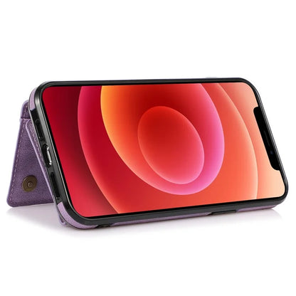 For iPhone 12 mini 5.4 inch Case Magnetic Button Tri-fold Wallet Kickstand PU Leather Coated TPU Cover