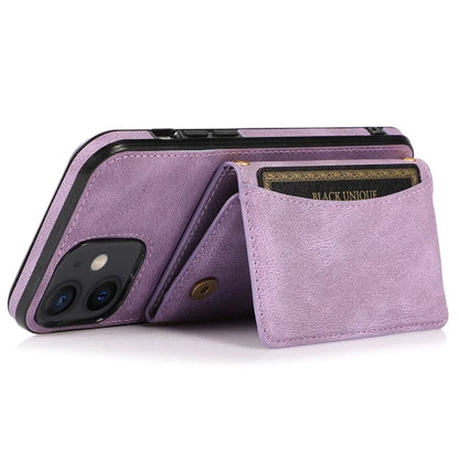 For iPhone 12 mini 5.4 inch Case Magnetic Button Tri-fold Wallet Kickstand PU Leather Coated TPU Cover