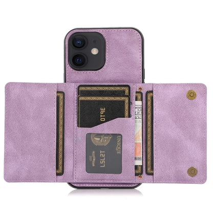 For iPhone 12 mini 5.4 inch Case Magnetic Button Tri-fold Wallet Kickstand PU Leather Coated TPU Cover