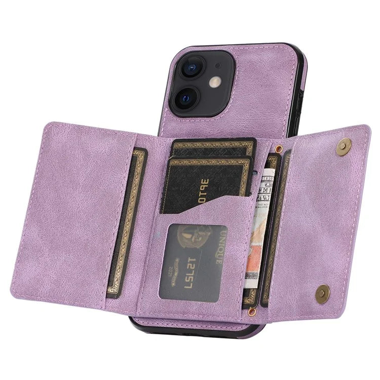 For iPhone 12 mini 5.4 inch Case Magnetic Button Tri-fold Wallet Kickstand PU Leather Coated TPU Cover